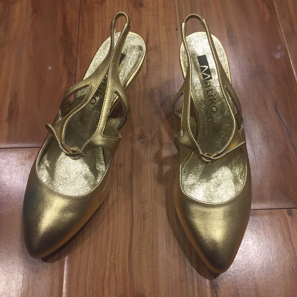 Matiko Gold Leather Sling Back Heels Size 6